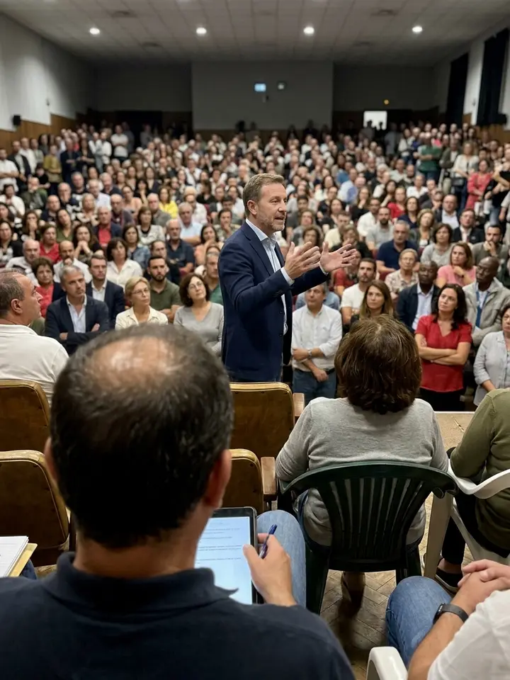 Une personne parle debout devant une salle pleine de voisins assis.