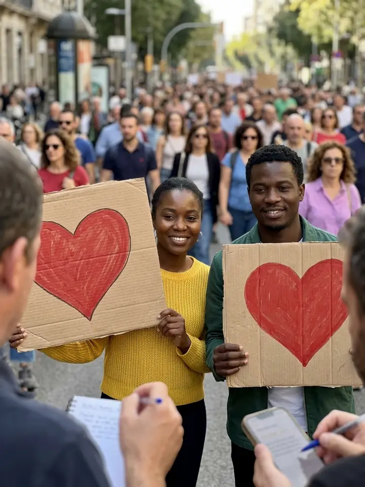 Deux personnes tiennent des pancartes en carton avec un cœur dessiné à la main lors d’une manifestation.