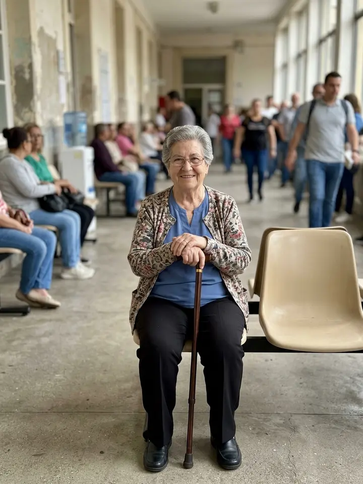 Une femme âgée avec une canne attend assise dans le couloir d’un centre de santé.