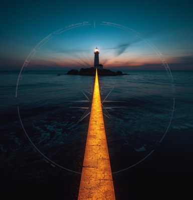 Un faro al atardecer que te guía hacia tu destino